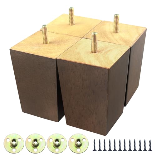 GOSCHE 4 Inch Wood Furniture Legs Sofa Legs Set of 4, Square Wooden Couch Legs Furniture Feet, Brown Mid Century Modern Replacement Legs for Armchair Recliner Coffee Table Dresser - size: 4 Inch