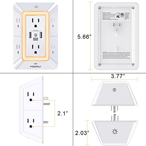 Multi Plug Wall Outlet Night Light, POWRUI 6 Outlet Extender & 3 USB Ports - color: White(6Outlets/Night Light), size: 2U1C