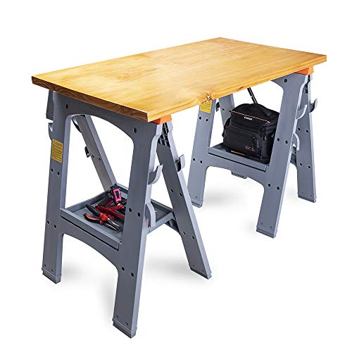 Amazon Basics Rectangular Folding Sawhorse, Collapsible, Folds Flat, 900 Pound Capacity, Set of 2, Orange and Grey