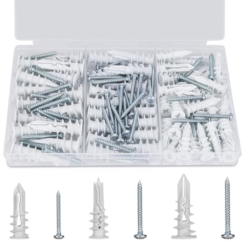 Self Drilling Drywall Anchors, 3 Size 114PCS Heavy Duty Dry Wall Anchors and Screws Kit for Hanging Sheetrock, 57 Self-Tapping Plastic Drywall Hangers and 57 Sheet Rock Screws-50/75/95 Lbs - size: 3size-57pcs