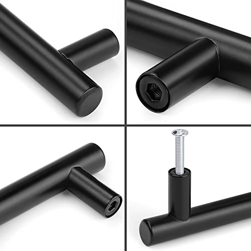 Probrico 30 Pack| 5 Inch Black Cabinet Handles with 3 Inch Hole Center Stainless Steel Cabinet Pulls Round T Bar Kitchen Cabinet Hardware Door Handles, Drawer Dresser Pulls，76mm Hole Centers - color: Black, size: hole center 3"