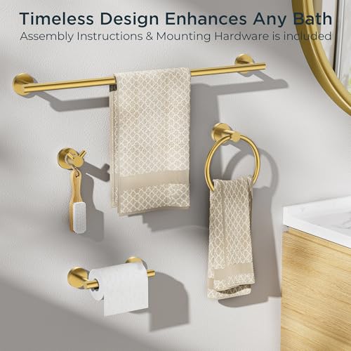 FORIOUS Bathroom Accessories, 4-Piece Bathroom Hardware Set - 24" Towel Bar - color: Brushed Gold