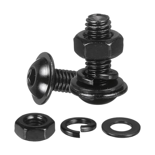 M METERXITY 10 Set M6 x 16mm Flanged Button Head Socket Cap Screws, Black 304 Stainless Steel 18-8 Hex Socket Head Screws Bolts, Nuts, Flat & Lock Washers for DIY, Furniture, Automotive - size: M6 x 16mm