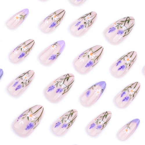 Press On Nails Spring Summer Acrylic Nails for Women - Lavender Designer Fake Nails Short Almond 24PCS, Glossy Soft Gel with Glue, Outdoor Picnic/Wedding/Party Reusable Stick On Nails Gift - color: 3760-Lavender, size: 24 Pieces (Pack of 1)