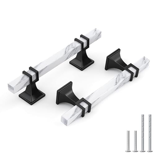 Haliwu 10 Pack 3-3/4 Inch White Marble Cabinet Pulls Black Kitchen Handles - color: White Marble & Black, size: Hole Center Spacing：96mm (3-3/4 inch)
