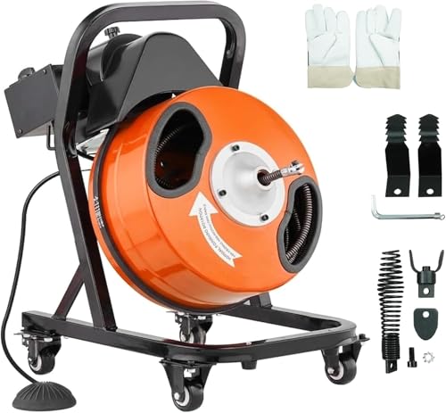 HoldwellS 50FT x 1/2 Inch Drain Cleaner Machine, Electric Drain Auger on 4 Wheels for 1"-4" Pipes, Enclosed Metal Drum with 4 Cutters & Pneumatic Foot Switch, Sewer Snake Auger - color: 50FT x 1/2inch (Manual Feed)