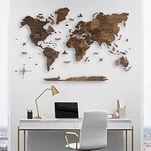 AWESOMETIK WALNUT 3D World Wood Map | 3D Wood Map of the World Easy Installation with Double Sided Tape Includes Add Ons Premium Durable Plywood Ideal for Home and Office Decor M, L, XL
