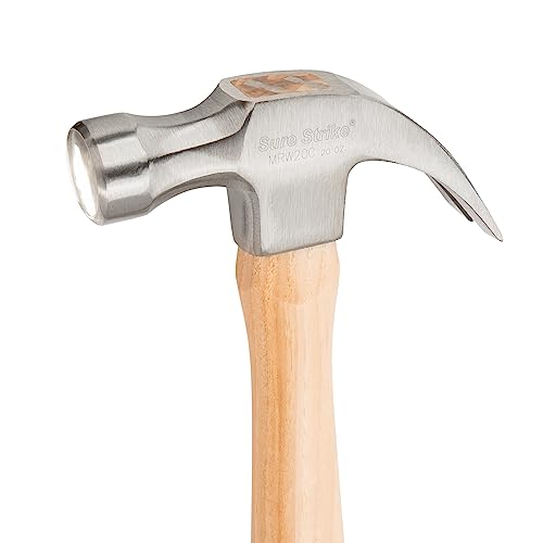 ESTWING Sure Strike Hammer - 20 oz Curved Claw Hammer with Smooth Face & Hickory Wood Handle - MRW20C