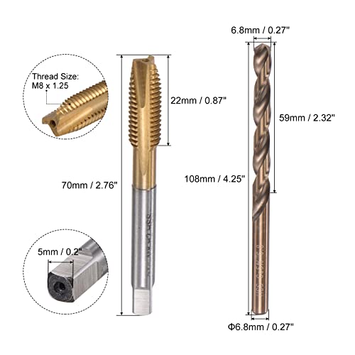 uxcell M8 x 1.25 Spiral Point Thread Tap and 6.8mm Drill Bit Set, Metric Titanium Plated Cobalt High Speed Steel Machine Screw Thread Tap Threading Tool (Pack of 2) - size: M8 x 1.25 + 6.8mm (Pack of 2)