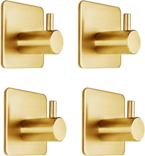 Fotosnow Gold Adhesive Hooks 15LB (Max), Non Tarnish Sticky Hooks for Hanging Towels, Coat, Backpack, Purse, Hat, Key, Self-Adhesive Towel Holder for Shower Closet Bathroom-4 Packs - color: Gold-4 Pack