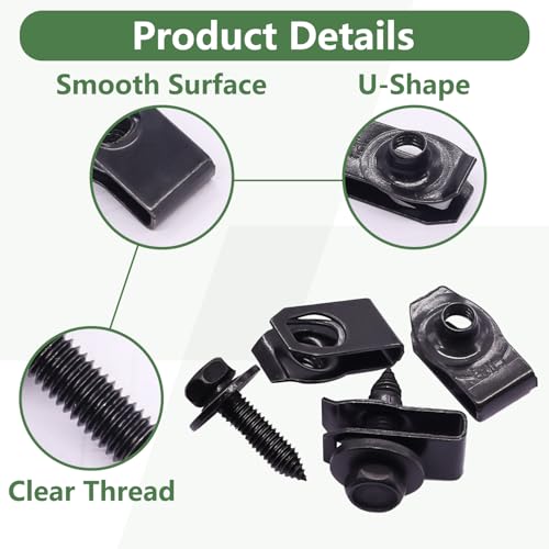 30Pcs Automotive Body Bolt & U-Nut Clips Kit, Multipurpose Fender Bolts Body Fastener Clips for Most Cars Bumper Engine Splash Shield - color: Black-1/4Inch