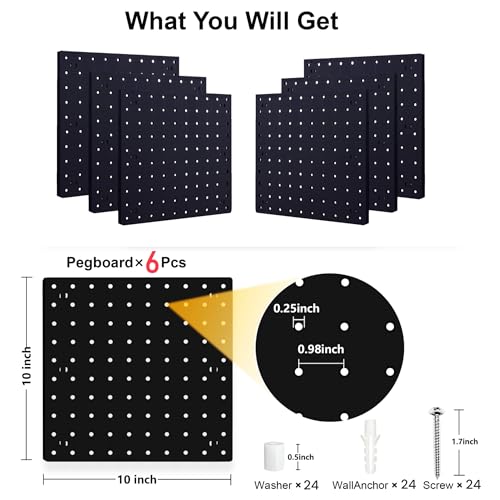 Peg Board, 6Pcs Pegboard Wall Organizer Panels Black Pegboard Wall Mount, ABS Pegboard for Home, Craft Room, Garage, Kitchen, Workshop, Tool Organization, 10 * 10in Peg Boards. (No Hooks and Bins). - size: Black Peg Board- 6Pcs