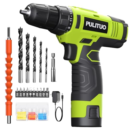 PULITUO 12V Green Cordless Drill Set Power Drill Kit with Battery and Charger,electric drill home improvement,3/8-Inch Keyless Chuck,Built-in LED,21+1 Torque Setting - style: 12v Drill (Green)