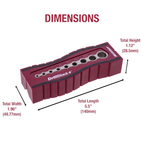 Milescraft 1336 Drill Block Plus- Handheld Drilling Guide, Drilling Jig with Drill Guides for 9 of the Most Common Imperial Drill Bit Sizes, Precision Drilling Tool Accessory