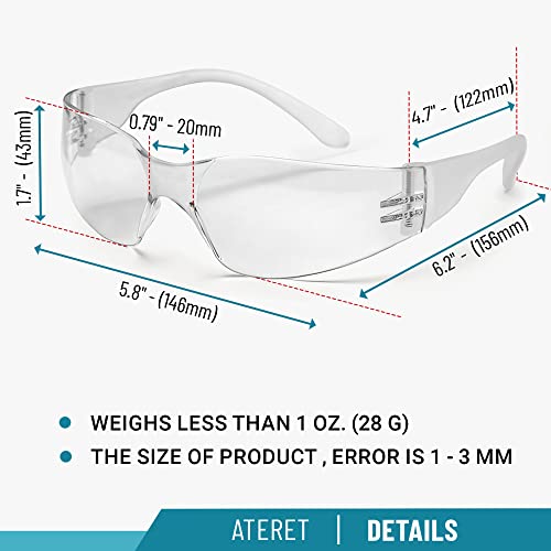 ATERET 12 Pairs Safety Glasses, Scratch Resistant Polycarbonate ANSI Z87.1 Impact Resistant Lens - color: Clear, size: 12 pairs