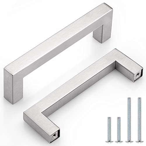 Probrico (10 Pack 4 Inch Modern Square Cabinet Handles Pulls Stainless Steel,T Bar Satin Nickel Handle Pull for Drawer Dresser Cupboard Wardrobe Bathroom Vanity,Kitchen Furniture Hardware - color: Brushed Nickel, size: hole center 4"