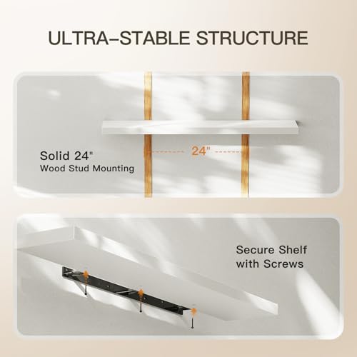 Amada 47 Inch Floating Shelves with Invisible Brackets, Set of 2, White | Wall Shelves with Hidden Bracket, Solid MDF Wood, 22 lbs Max Load per Shelf, Easy to Assemble, Multi-Wall Compatible - color: White, size: 47 inches