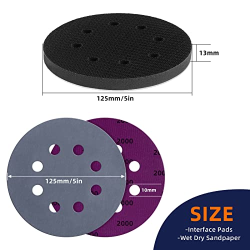 80pcs 5 inch 8 Hole Sanding Discs Hook and Loop 1500/2000/2500/3000/4000/5000/7000/10000 Grits Wet Dry Sandpaper with 2pcs Interface Pad for Random Orbital Sander Automotive Wood Metal Polishing - size: 5 Inch 8 Hole