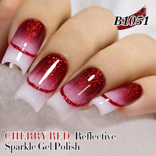 Double Rhythm 15ML Glitter Gel Polish Shimmer Reflective Holographic Color Magnetic for Nail Art Salon DIY at Home (Cherry Red-B1051) - color: Cherry Red