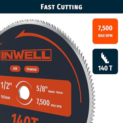 6-1/2-Inch 140 Tooth Plywood, Softwood, OSB Cutting Circular Saw Blade with 5/8"-1/2" Bushing - 3 Pack - size: 6-1/2" 140T