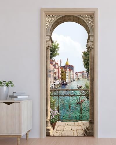 FLFK Door Mural Sticker - Italian Water City,Peel and Stick,Combined Size 30.3"x78.7",Split into 2 Pieces - color: Mt1095, size: 30.3"x78.7"