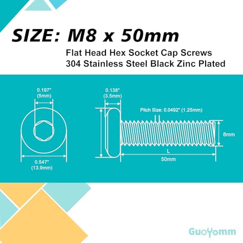 M8 x 50mm 15Pcs Flat Head Hex Socket Cap Screws, 304 Stainless Steel 18-8, Black Zinc Plated, Connection Furniture Bolts, Full Thread - size: M8 x 50mm(15PCS)