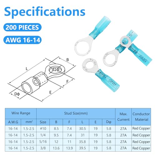200PCS Heat Shrink Ring Terminals, Marine Grade - size: AWG(16-14)