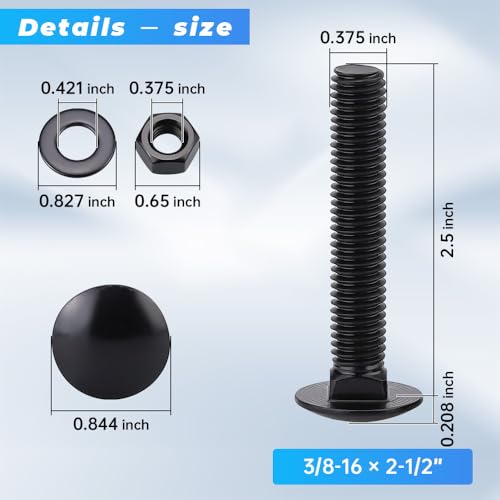 Glvaner (6 Sets) 3/8-16 x 2-1/2" Stainless Steel Carriage Bolts Screws Black and Hex Nuts & Flat Washers Black, Round Head Square Neck, 304 Stainless Steel 18-8, Full Thread Coverage - size: 3/8-16 x 2-1/2"