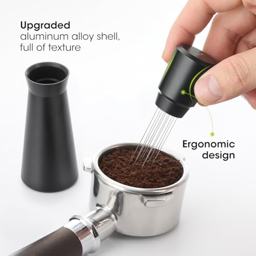 Aieve WDT Tool Espresso, Metal Distribution Tool with 10 x 0.4mm Stainless Steel Needles Espresso Stirrer, Coffee Distributor Aluminum Alloy Handle & Stand with 10 Extra needle - color: Metal Black