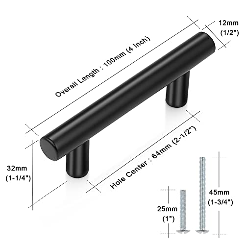 Probrico 30 Pack| 4 Inch Black Cabinet Handles with 2-1/2 Inch Hole Center Stainless Steel Cabinet Pulls Round T Bar Kitchen Cabinet Hardware Door Handles, Drawer Dresser Pulls，64mm Hole Centers - color: Black, size: hole center 2-1/2"