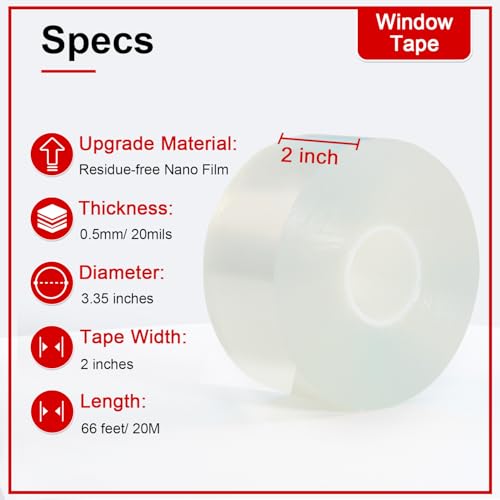Transparent Window Weather Sealing Tape 2 Inch x 66 FT Weather Stripping Residue-Free Clear Window Insulation Caulk for Shower Glass Gaps and Clear Tape Doors Windows Windproof - size: 2 IN - 66 Ft Clear