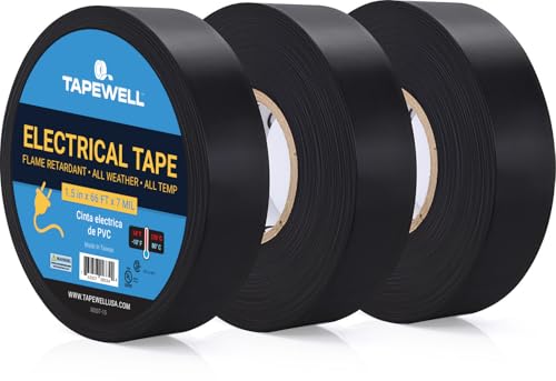 TAPEWELL Black Electric Tape Professional Grade, 3/4 inch x 66ft - 3 Pack - size: Pack of 3