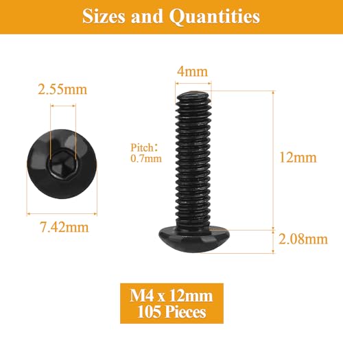 105 Pieces M4 x 12mm Button Head Socket Cap Screws, Thread Pitch 0.7mm, Sutemribor M4 Black Screws, 10.9 Grade Alloy Steel, Black Oxide Finish, Fully Threaded - size: M4 x 12mm, style: Button Head