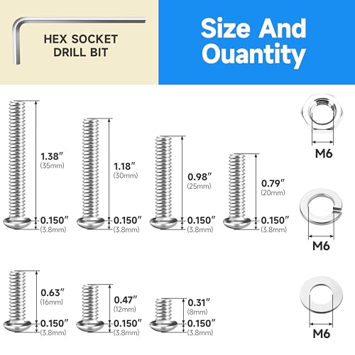 159 Pieces M6 Screw, Button Head Socket Cap Metric Screws Assortment Kit, 304 Stainless Steel Bolts and Washers/Nuts/Hex Wrenches M6*8/12/16/20/25/30/35mm - size: 159Pcs M6