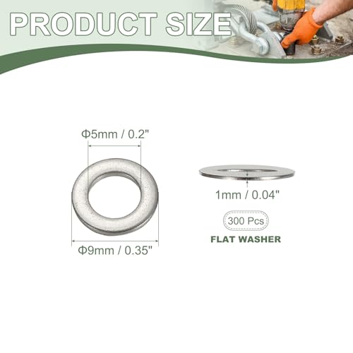 Flat Washers, 304 Stainless Steel Hardware Assorted Washer, 9 x 5 x 1 mm Fit for Bolts Screws Industrial Use (300 Pack, Silver) - size: 9 x 5 x 1 mm