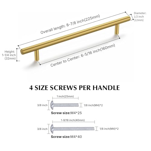 Haliwu 30 Pack 6-1/4in Gold Cabinet Handles for Kitchen Cabinet Handles | Stainless Steel, Gold Handles for Cabinets, Round T-Bar Shape, Brushed Gold Cabinet Pulls, Screws Included - size: 6-5/16 inch hole center