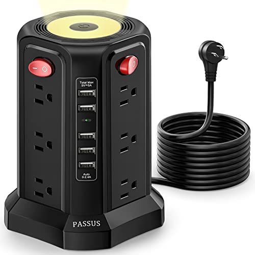 PASSUS Surge Protector Power Strip Tower with 5 USB Ports Black - color: Black-5 USB A