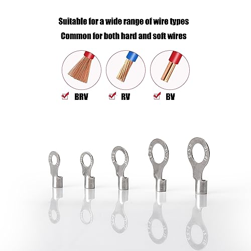 250 Uninsulated Ring Terminals, Brass Ring Connectors, AWG 22-16, 16-14, 14-12, 12-10 Crimp-On Wire Connectors, Tin-Plated Wire Terminals, Batteries