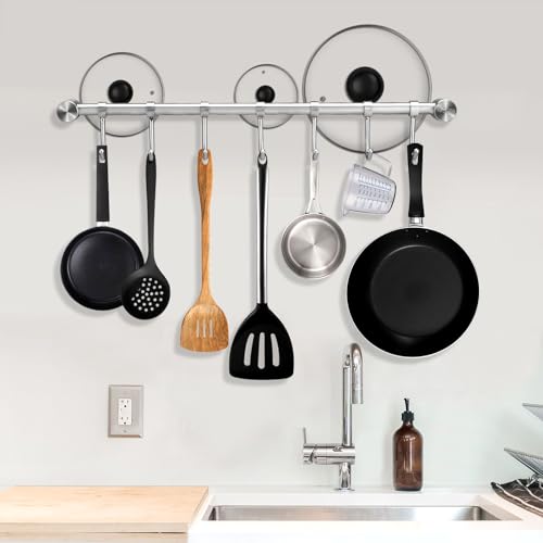 Pot Hangers 16 Inch Wall Mount Or Under Cabinet Hanging Bars With 7 Sliding Hooks Per Rod, 304 Stainless Steel Heavy Duty Pot Rack Kitchen Organizer Utensil Cups Handling Versatile Space Saving
