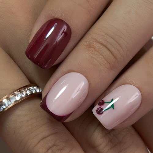 CurvLife Medium Square French Tip Press On Nails, Cherry Red, Soft Gel - color: Cherry Accent Solid French Manicure