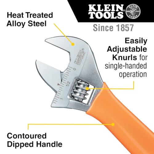Klein Tools O50710 Adjustable Wrench, Precision Forged 1 1/2-Inch Extra-Capacity Jaw, SAE and Metric Scales, Plastic-Dipped Handle, 10-Inch