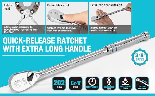 DURATECH Extra Long Handle 3/8-Inch Drive Ratchet, 90-Tooth Ratchet Wrench - size: 3/8" with 12" handle