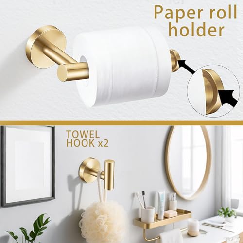 6 Pieces Brushed Gold Bathroom Hardware Accessories Set Hand Towel Ring 16&23.6 inch Round Towel Bar Toilet Paper Holder Towel Hooks 2 Pieces SUS 304 Stainless Steel,Heavy Duty,Wall Mounted - color: Brushed Gold, size: 6 piece 24"