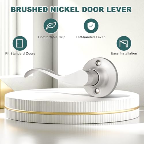 GOBEKOR 6 Pack Half Dummy Lever Door Handles Brushed Nickel Wave Left-Handed Door Lever Non-Turning Lock Interior Closet French Door Handles - size: Left-Handed Dummy Lever
