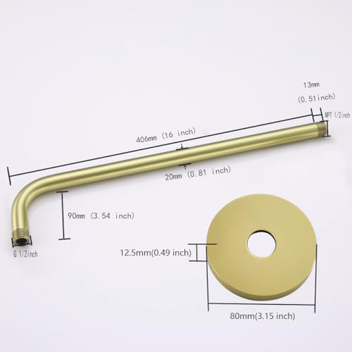 RANDOM 16 Inch Shower Arm with Flange,Stainless Steel 90 Degree Rain Shower Head Extension Arm,Wall-Mounted Shower Head Arm for Fixed Shower Head,Brushed Gold.RD91018-16BG - color: 16″ Brushed Gold(Round Flange)
