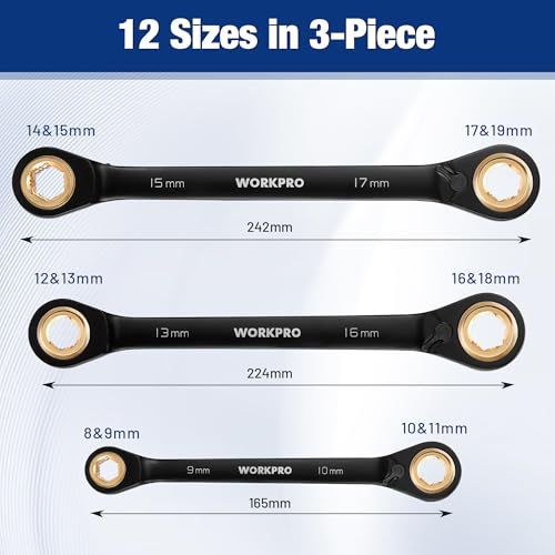 WORKPRO 3 PCS 4-in-1 Reversible Ratcheting Wrench Set, Metric, Anti-Slip - style: Metric