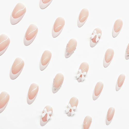 Press on Nails - White Bow Pearl Design Medium French Tip Fake Nails with Embossed Flower Designs, Glossy Finish Reusable False Nails with Glue Tabs - 24Pcs Nail Kit - color: white bow pearl