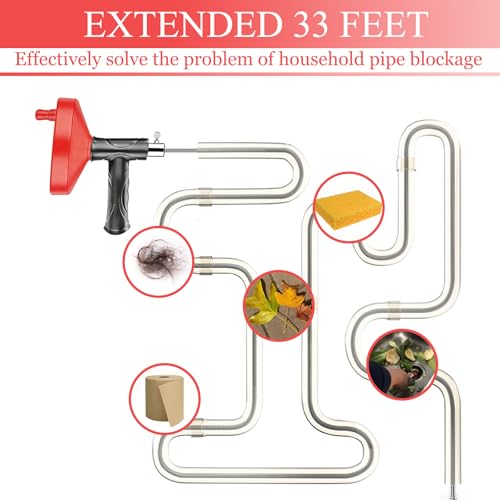 33 Ft Drain Snake Auger, Heavy Duty Plumbing Snake for Sink, Tub, and Shower, Snake Drain Hair Removal Tool with Gloves