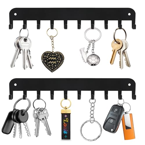 2 Pack Key Holder Wall Mount, 10 Hooks Car Key Holder for Wall, No Drilling Required, Key Rack Adhesive, Keys Hanger on Wall, Key Rack Wall Mount for Entryway, Living Room, Hallway (Black) - color: Black