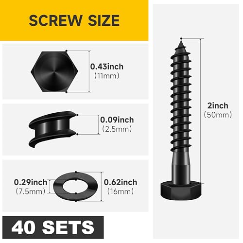 (40Sets) 1/4" x 2" Hex Head Lag Bolts, Heavy Duty Lag Screws with Washers, 304 Stainless Steel Bolts 18-8, Lag Screws Wood Screws, Partial Thread Black Oxide, 1/4 Bolt by Mywish - size: 1/4 x 2" (40 set)
